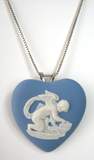 Wedgwood Blue Jasper Heart Pendant Necklace Cupid Convertible Pin 1974 Silver Chain