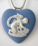 Wedgwood Blue Jasper Heart Pendant Necklace Cupid Convertible Pin 1974 Silver Chain