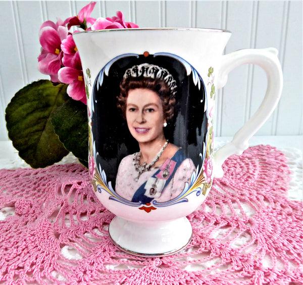 Queen Elizabeth II Silver Jubilee 1977 Tall Mug Bone China Crown Symbols