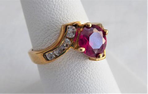 Ruby Ring 1.5 Carats 925 8 Faux Diamonds 1980s June Birthstone Size 7.35 Estate