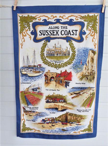 Along The Sussex Coast Tea Towel 1970s Brighton Worthing Beachy Head Colourful Cotton