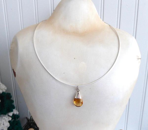 Citrine Teardrop Pendant Necklace Sterling Silver Omega Chain 1990s Faceted 4 Carat