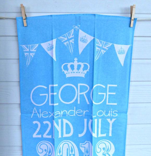 Tea Towel Prince George Birth William Kate Blue And White 2013 Royal Birth