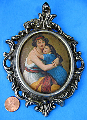  Brass Mount Fabric Picture Mother And Child Louvre French 1960s (Image1)