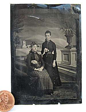 Tintype 2 Young Women Painted Backdrop Wasp Waist (Image1)