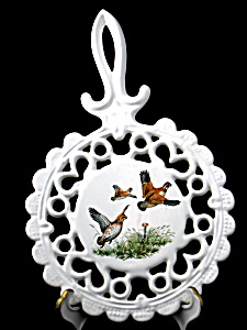 Vintage Enamel Over Cast Iron Trivet Fancy Partridges (Image1)