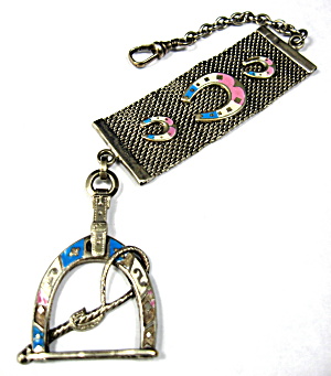 Sterling Silver Mesh Watch Fob Equestrian Enamel Stirrup Crop Horsesho (Image1)