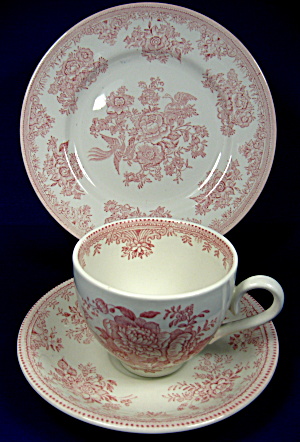 Pink Transferware Cup, Saucer And Plate Asiatic Pheasants Ironstone (Image1)