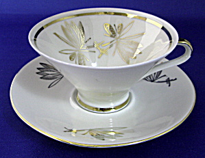 Bavarian Martini Glass Shape Cup And Saucer Gold Overlay Leaves Retro (Image1)