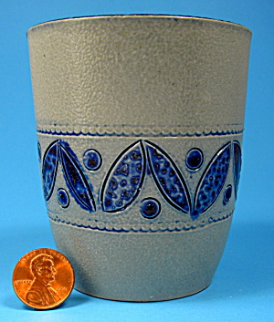 Salt Glazed Stoneware Cup Incised Leaves Cobalt Blue Glaze (Image1)