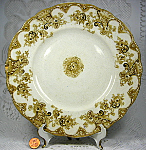Brown Transferware Plate 1895 Victoria Upper Hanley Pansies Gold (Image1)