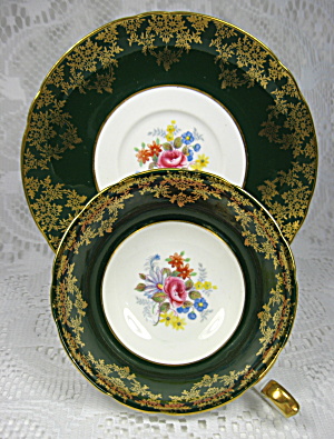 Shelley Green Combo Georgian Flora Lincoln Cup And Saucer Gold Overlay (Image1)