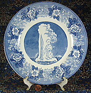 Blue Transferware Plate Old Faithful Geyser Jonroth Yellowstone Centen (Image1)