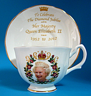 Cup And Saucer Queen Elizabeth II Diamond Jubilee English Photo Gold  (Image1)
