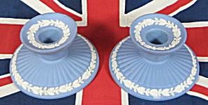 Candle Holder Pair Wedgwood Blue Jasperware 1959 Oak Leaves Acorns (Image1)