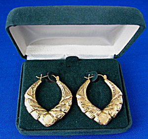 Earrings 14kt Gold Fancy Hoop Lrg Diamond Cut Satin MIB (Image1)