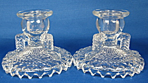 Candleholder Pair Pressed Glass Herringbone English (Image1)