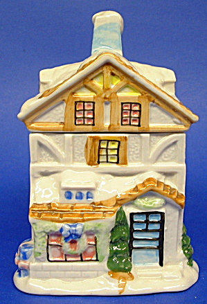 Christmas House Tea Caddy Canister Ceramic Cute Snowy Cottage (Image1)