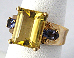Ring Genuine Yellow Heliodorite Tanzanites 10kt Gold USA Retro (Image1)