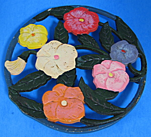 English Cast Iron Trivet Cold Painted Flowers With Tag (Image1)
