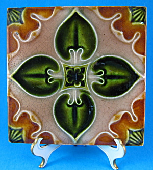 Gothic Majolica Tile English Mid Victorian Green Brown (Image1)