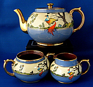 Art Deco Tea Set Teapot Cream Sugar Fantastic Birds UK (Image1)