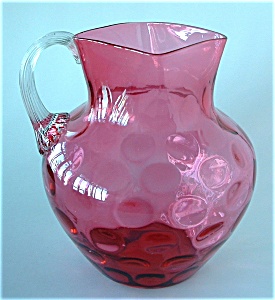 Cranberry Glass Pitcher Coin Dot Clear Handle (Image3)
