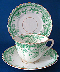 Antique Green Transferware Cup Saucer Plate Floral Trio (Image1)