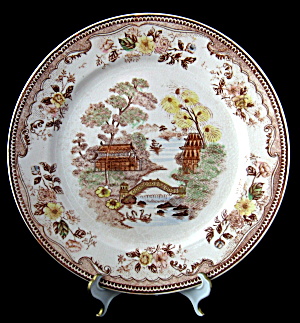 Willow Brown Transferware Dinner Plate Polychrome England 1920s (Image1)