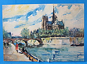 Postcard Signed Artist Yvon Watercolor Notre Dam Seine (Image1)
