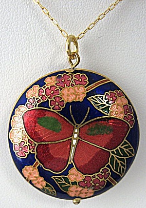 Necklace Blue Cloisonne Pendant Red Butterfly Chain (Image1)
