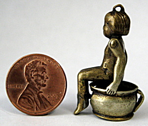Figural Cigar Cutter Brass Girl On Pot USA Antique Fob (Image1)
