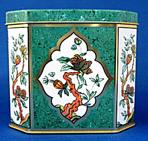 Tea Tin Green Marble Oriental Brances Hinged Lid (Image1)