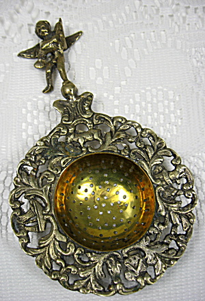 English Tea Strainer Ornate Cast Brass Angel Finial Antique (Image1)