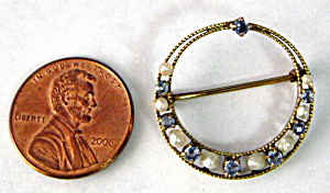 Antique Circle Pin 10kt Gold Baroque Pearls Aquamarines (Image1)