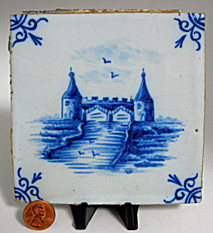 Antique Tile Pearl Ware Delft Style Flow Blue Castle (Image1)