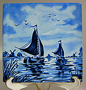 English Delft Like Tile Blue And White Sailing Scene (Image1)