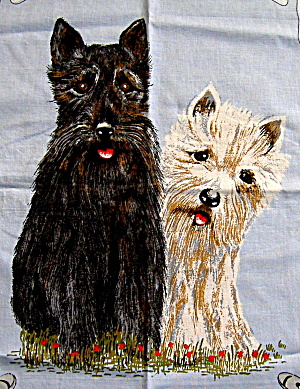 Tea Towel Scottish Terriers Vintage Scotties Heather Thistles Scotland (Image1)