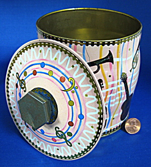 English Tea Tin Music Horns Guitar Banjo Retro Pink Plaid (Image1)