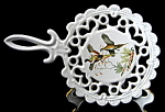 Click here to enlarge image and see more about item 1003a: Vintage Enamel Over Cast Iron Trivet Fancy Pheasants