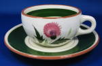Click here to enlarge image and see more about item 10118: Cup And Saucer Stangl Thistle Retro Green Pink White