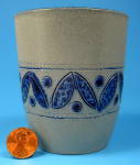 Salt Glazed Stoneware Cup Incised Leaves Cobalt Blue Glaze