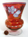 Bohemian Ruby Flash Vase Hand Painted Flowers Antique