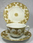 Brown Transfer Cup And Saucer With Plate 1895 Victoria Pansies Gold