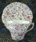 Click to view larger image of Cup and Saucer Rosina Chintz Roses Violets Bone China 1950s (Image1)