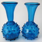 Pair Peacock Blue Art Glass Vases Retro Pointed Beads