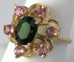 Ring 14kt Gold Green Tourmaline 6 Pink Zircons Flower
