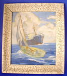 Click here to enlarge image and see more about item 2838: Oil Painting Ships Vintage Listed Artist O Herbig