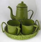 Retro Coffee Set Avocado Enamel Ware Wicker Tray 4 Pc