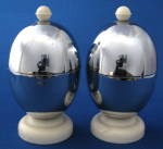 Click to view larger image of Chrome Eggcups With Lids Wool Liners Pair Boxed Vintage (Image3)